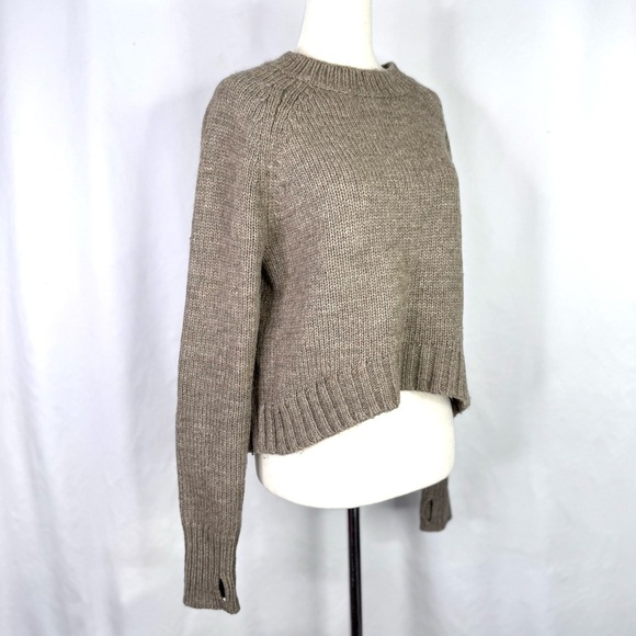 Pam & Gela Brown Crew Neck Sweater with curved hem leather elbow patches Small - Picture 2 of 9